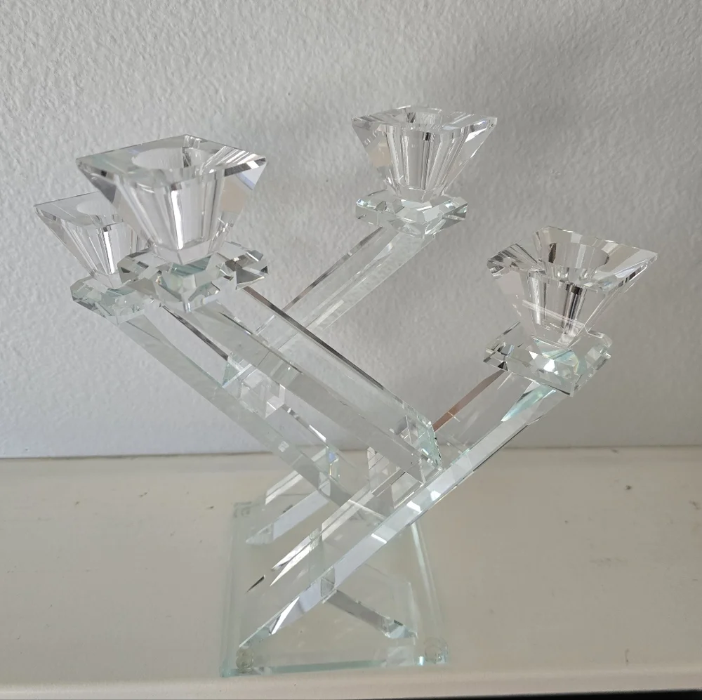 Frontgate Crystal 4-Arm Candelabra | Heavy Faceted Crystal Candle Holder 10.25" - Picture 2 of 12